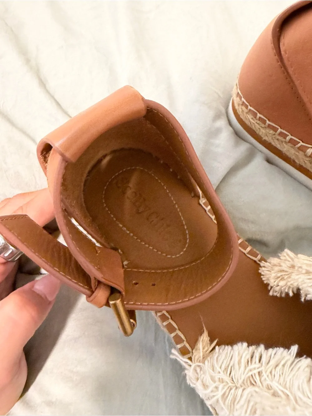 See By Chloe Cream Canvas Espadrille Sandals with Brown Ankle Strap
